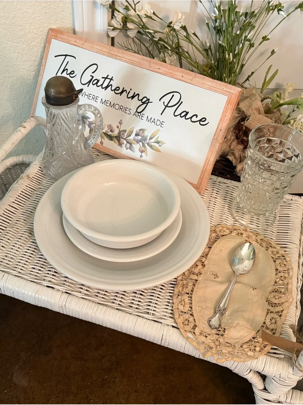 White Wicker Serving Tray Table - Home Dining